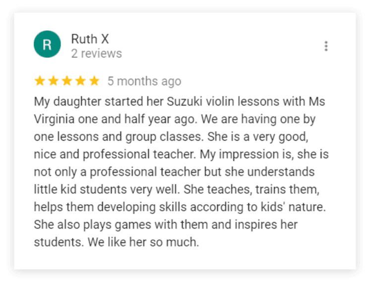 Five-star review: excellent Suzuki violin teacher.