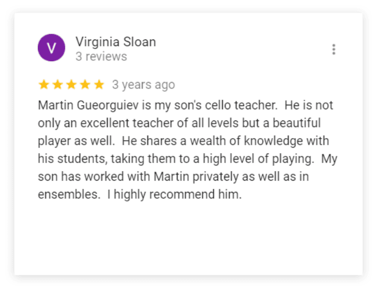 Five-star review: Excellent cello teacher.