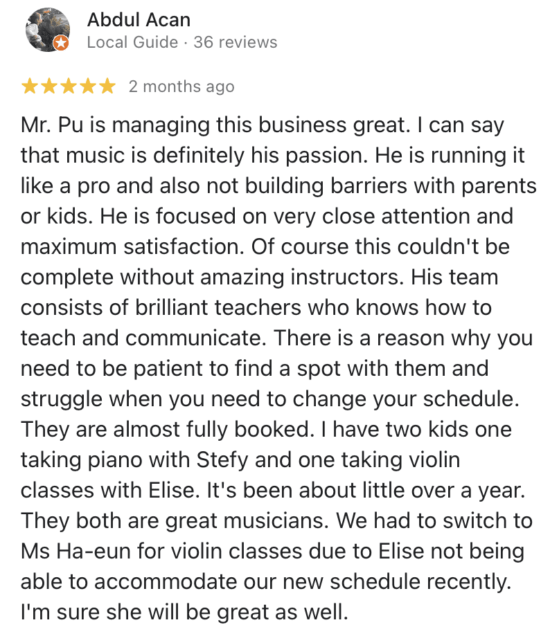 Five-star review: excellent music school.